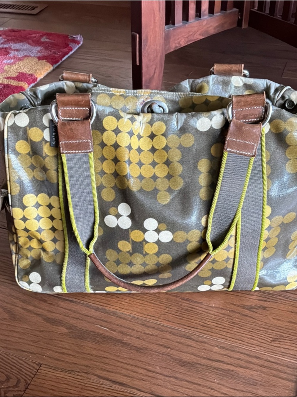 Orla Kiely Olive Tote with Mustard Dot Print and Brown Leather Trim